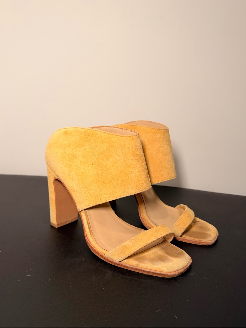 42 Gold Suede Open-Toe Heel Sandals in Mustard